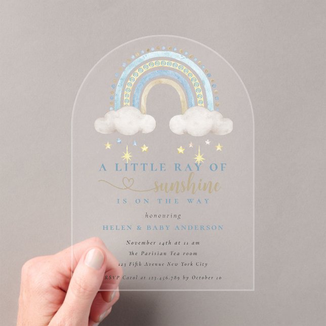 Sunshine Blue Boho Rainbow Boy Baby Shower Acrylic Invitations (Insitu (Handheld))
