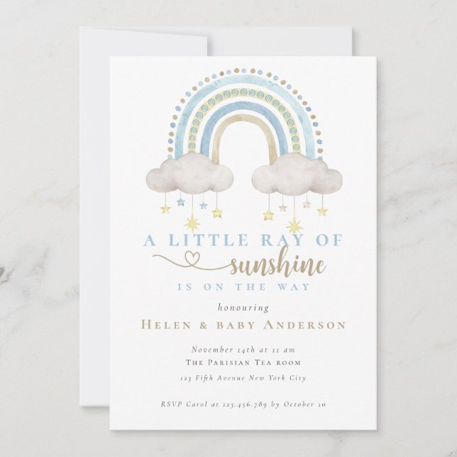 Sunshine Blue Boho Rainbow Boy Baby Shower Invitation (Front)