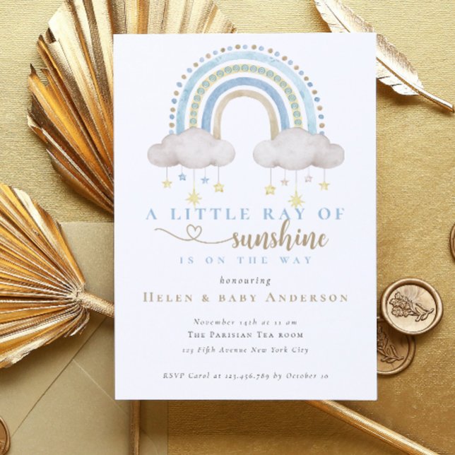 Sunshine Blue Boho Rainbow Boy Baby Shower Invitation (Blue Watercolor Boho Rainbow Boy Baby Shower Invitation)