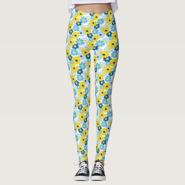 Sunshine Blue Sky Blooming Daisy  Leggings (Front)