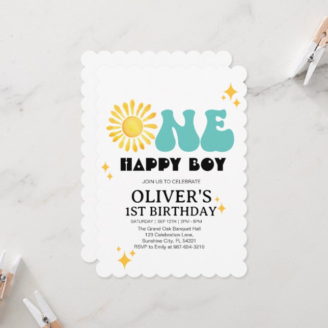  Sunshine, Boho One Happy Boy First birthday Invitation (Front/Back In Situ)