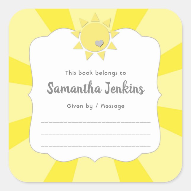 Sunshine bookplates, neutral gender baby shower square sticker (Front)