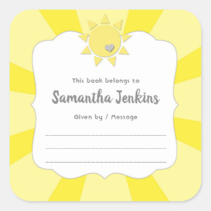 Sunshine bookplates, neutral gender baby shower square sticker