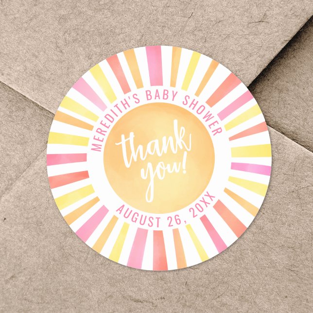 Sunshine Bright Pink Sun Baby Shower Classic Round Sticker (Sunshine Bright Pink Sun Baby Shower Classic Round Sticker)