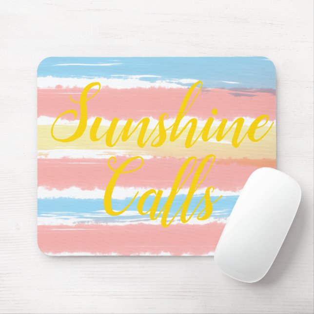 Sunshine Calls Pink Blue Yellow Stripes Watercolor Mouse Mat (With Mouse)