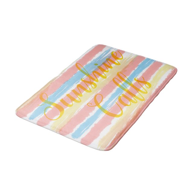 Sunshine Calls Pink Blue Yellow Watercolor Stripes Bath Mat (Angled)