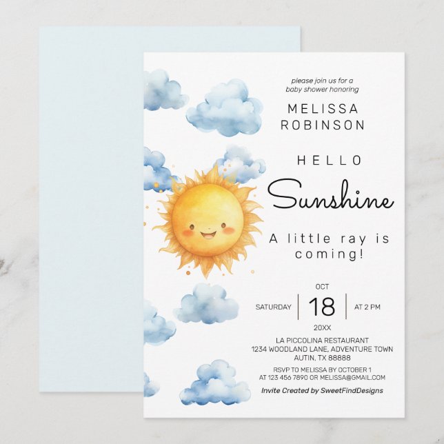Sunshine Clouds Baby Boy Shower Invitation (Front/Back)