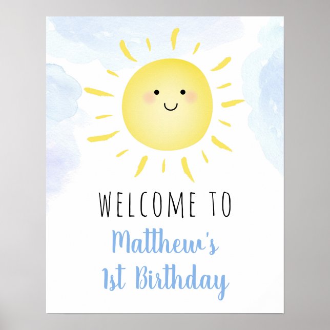 Sunshine Clouds Blue Boy Birthday Welcome Poster (Front)