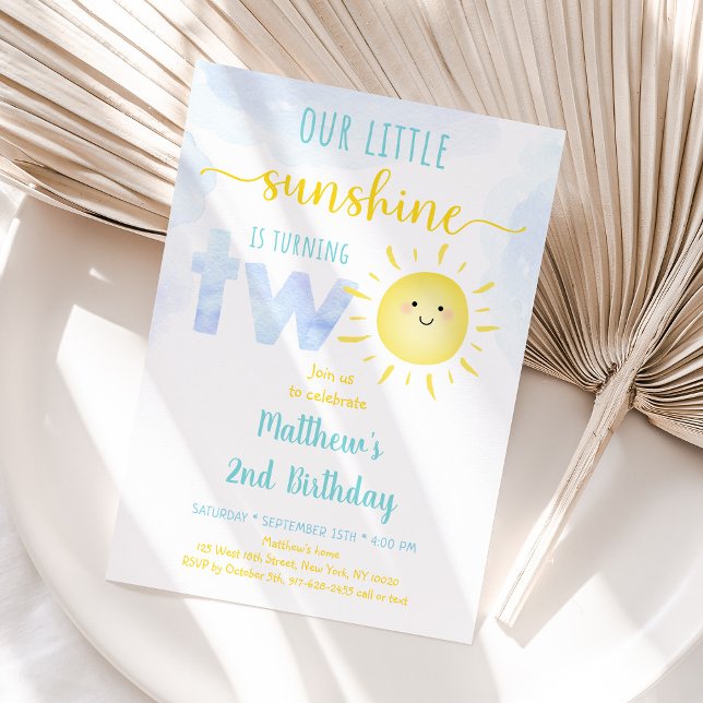 Sunshine Clouds Boy Blue Second Birthday Invitation (Creator Uploaded)
