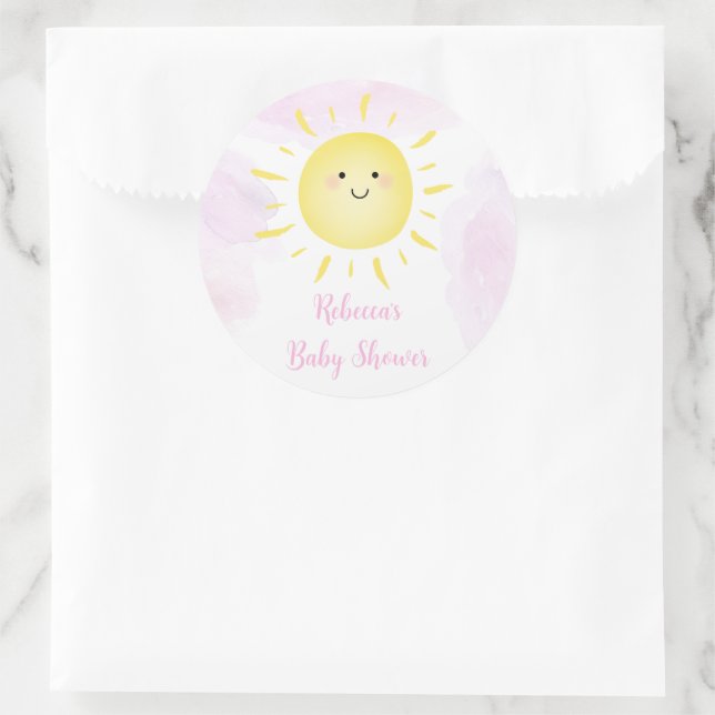 Sunshine Clouds Pink Girl Baby Shower Classic Round Sticker (Bag)