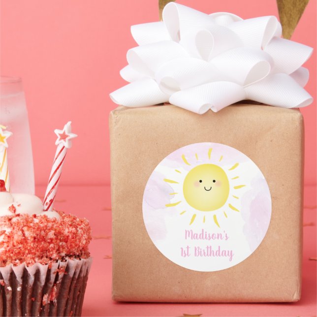 Sunshine Clouds Pink Girl Birthday Classic Round Sticker (Party)
