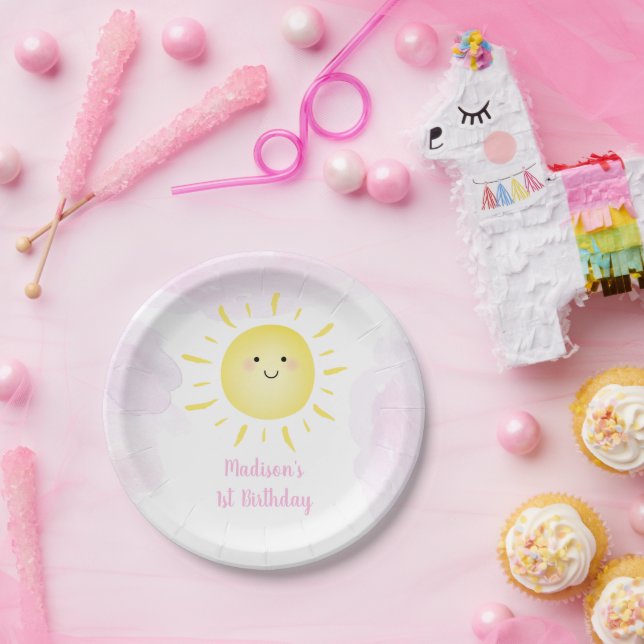 Sunshine Clouds Pink Girl Birthday Paper Plate (Party)