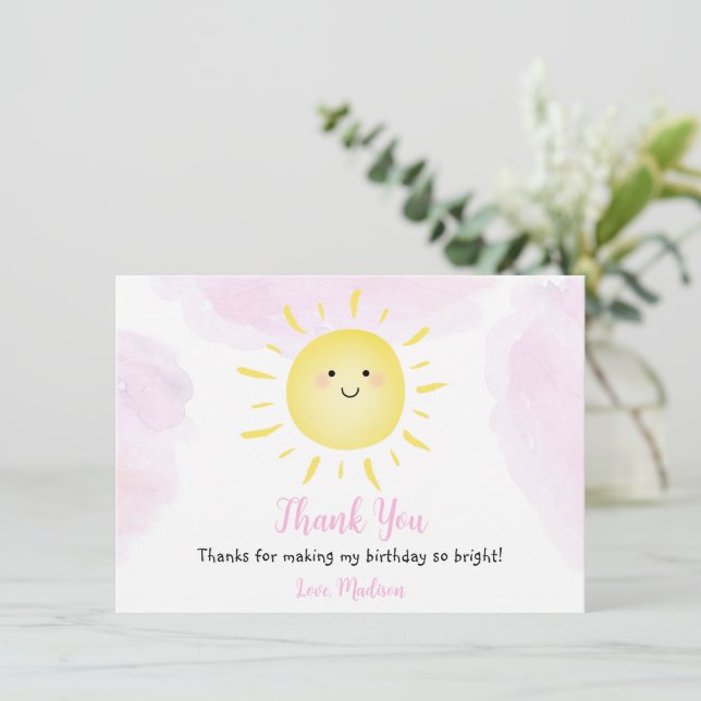 Sunshine Clouds Pink Girl Birthday Thank You Card (Standing Front)