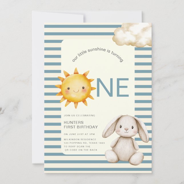 Sunshine Cute Bunny First Birthday OR code Invitation (Front)
