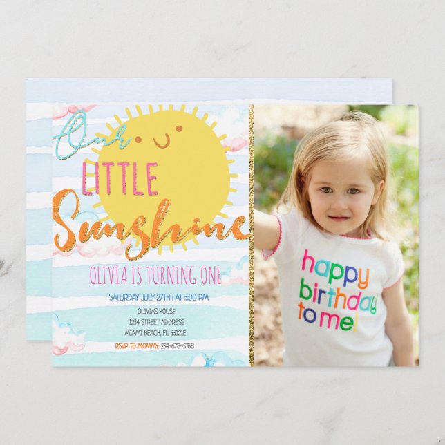 Sunshine First Birthday Invitation With Photo (Front/Back)