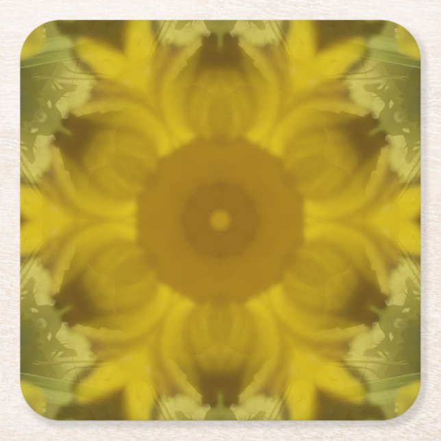 Sunshine Flower Burst Golden Square Paper Coaster (Front)