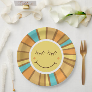 Sunshine Groovy Retro Boho Hippie Around the Sun  Paper Plate