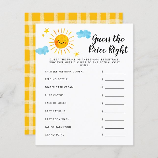 Sunshine Guess The Price Right Baby Shower Game (Front/Back)