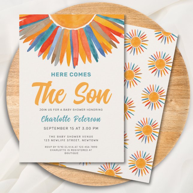 Sunshine Here Comes the Son Boy Baby Shower Invitation (Creator Uploaded)