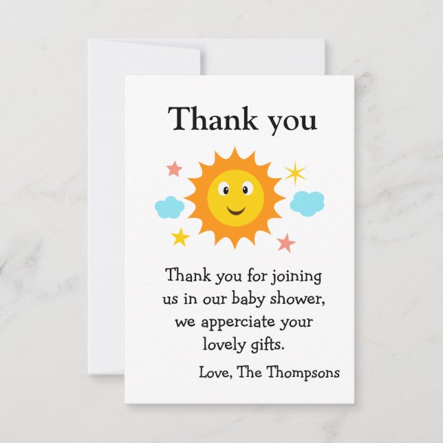 Sunshine Here Comes The Sun Baby Shower  Thank You Card (Front)