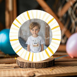 Sunshine is Turning One Birthday Party  Classic Round Sticker<br><div class="desc">Celebrate your child's first birthday with our "Sunshine is Turning One" custom photo sticker! Featuring a cheerful sun illustration, this sticker allows you to personalise it with a photo of your little one. Perfect for party favours, invitations, or thank-you notes, this sticker adds a special touch to your sunny-themed celebration....</div>