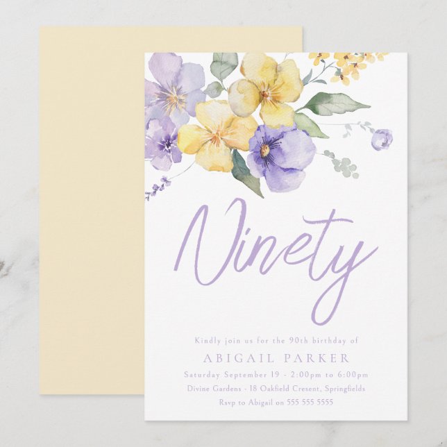 Sunshine & Lavender Floral 90th Birthday Party Invitation (Front/Back)