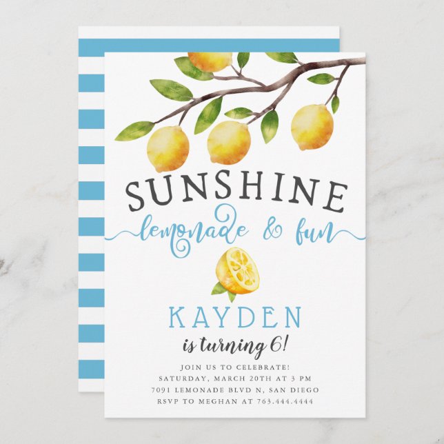 Sunshine Lemonade and Fun Boy's Birthday Party Invitation (Front/Back)