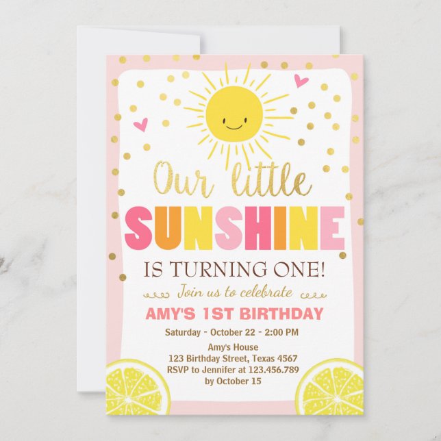 Sunshine Lemonade Birthday invitation Pink Lemons (Front)