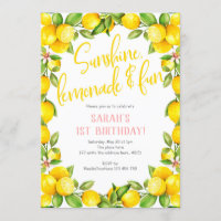 Sunshine lemonade, Lemon 1st birthday invitation
