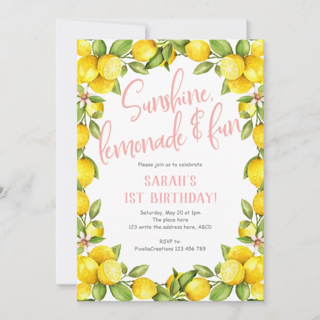 Sunshine lemonade, Lemon 1st birthday invitation (Front)