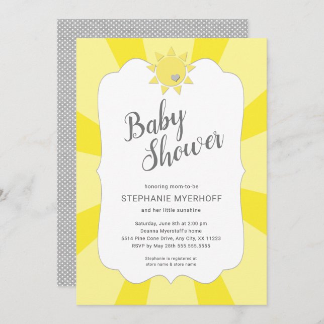 Sunshine neutral gender baby shower, yellow grey invitation (Front/Back)