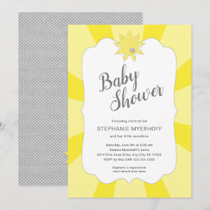 Sunshine neutral gender baby shower, yellow grey invitation