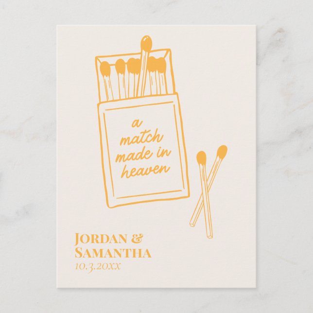 Sunshine Orange Match Made in Heaven Save the Date Postcard (Front)