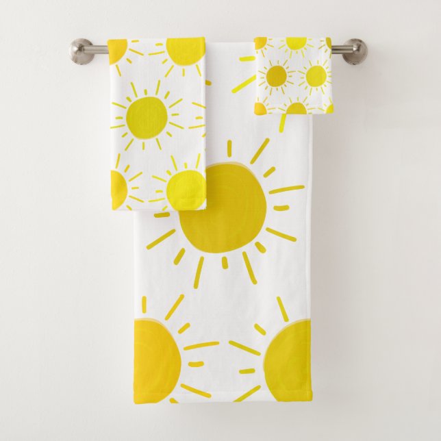 Sunshine Painted Whimsical Yellow Sun Bath Towel Set (Insitu)