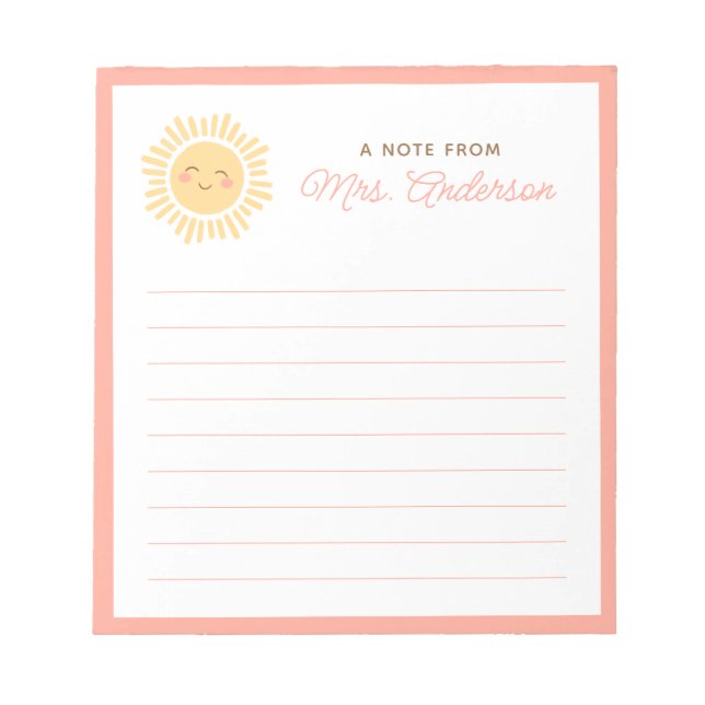 Sunshine Personalised Teacher Appreciation Gift Notepad (Front)