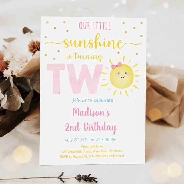Sunshine Pink Gold Second Birthday Invitation (Creator Uploaded)