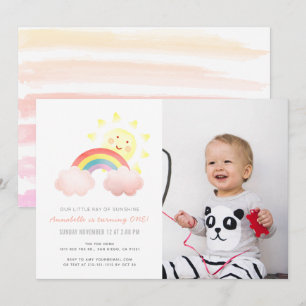 Sunshine & Rainbow Girl 1st Photo Birthday Party Invitation