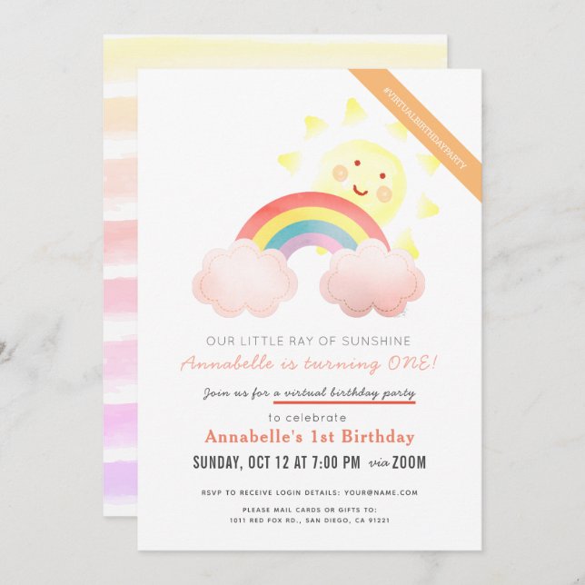 Sunshine & Rainbow Girl Virtual Birthday Party Invitation (Front/Back)