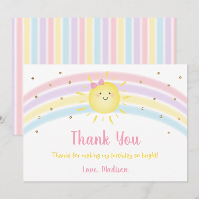 Sunshine Rainbow Pink Gold Birthday Thank You Invitation (Front/Back)