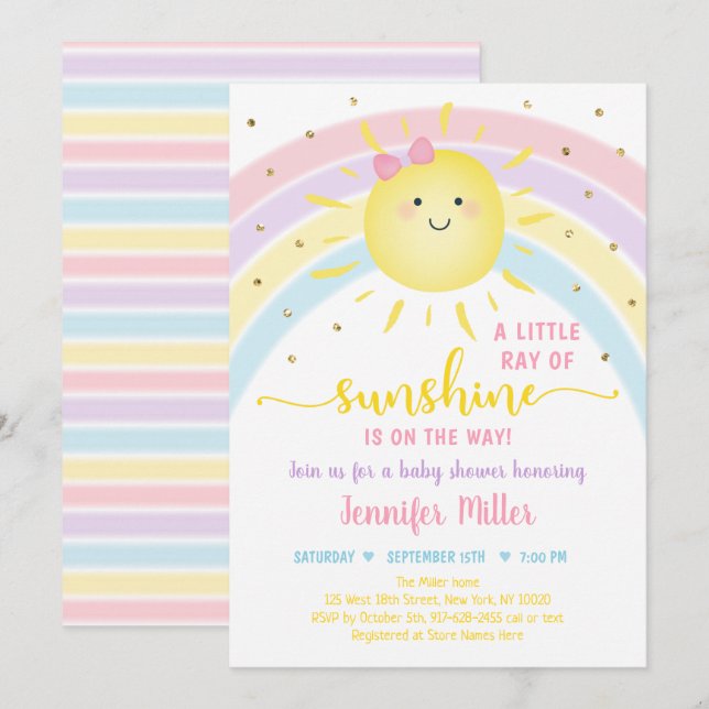 Sunshine Rainbow Pink Gold Pastel Baby Shower Invitation (Front/Back)