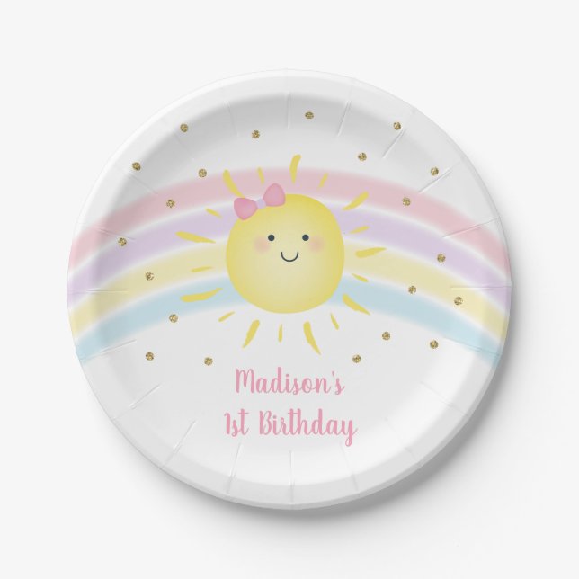 Sunshine Rainbow Pink Gold Pastel Birthday Paper Plate (Front)