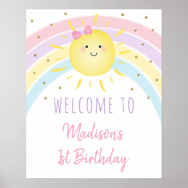 Sunshine Rainbow Pink Gold Pastel Birthday Welcome Poster (Front)