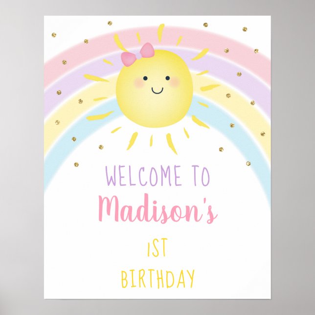 Sunshine Rainbow Pink Gold Pastel Birthday Welcome Poster (Front)