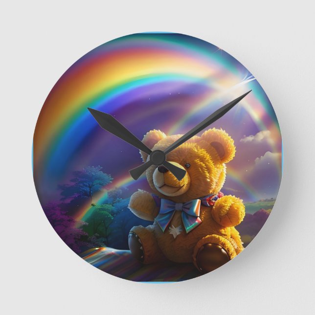 Sunshine Rainbow Teddy Bear Wonderland Round Clock (Front)