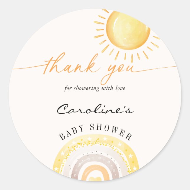 Sunshine & Rainbow Themed Baby Shower Thank You  Classic Round Sticker (Front)