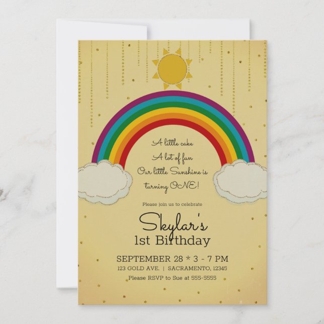 Sunshine Rainbow Yellow Gold 1st Birthday Party Invitation (Front)