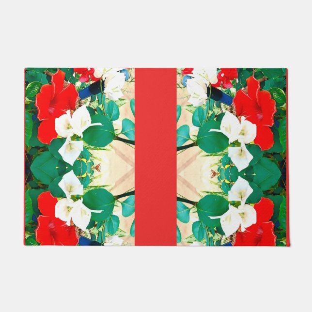 Sunshine Red Hibiscus Green Leaves Fall Colours Fu Doormat (Front)