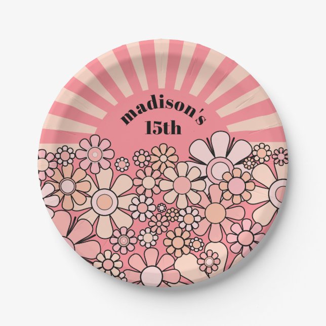 Sunshine Retro Garden Pink Flowers & Sun Birthday Paper Plate (Front)