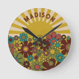 Sunshine Retro Garden Vintage 60s 70s Personalised Round Clock