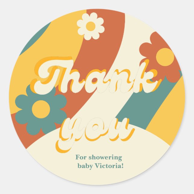Sunshine retro groovy thank you for showering baby classic round sticker (Front)